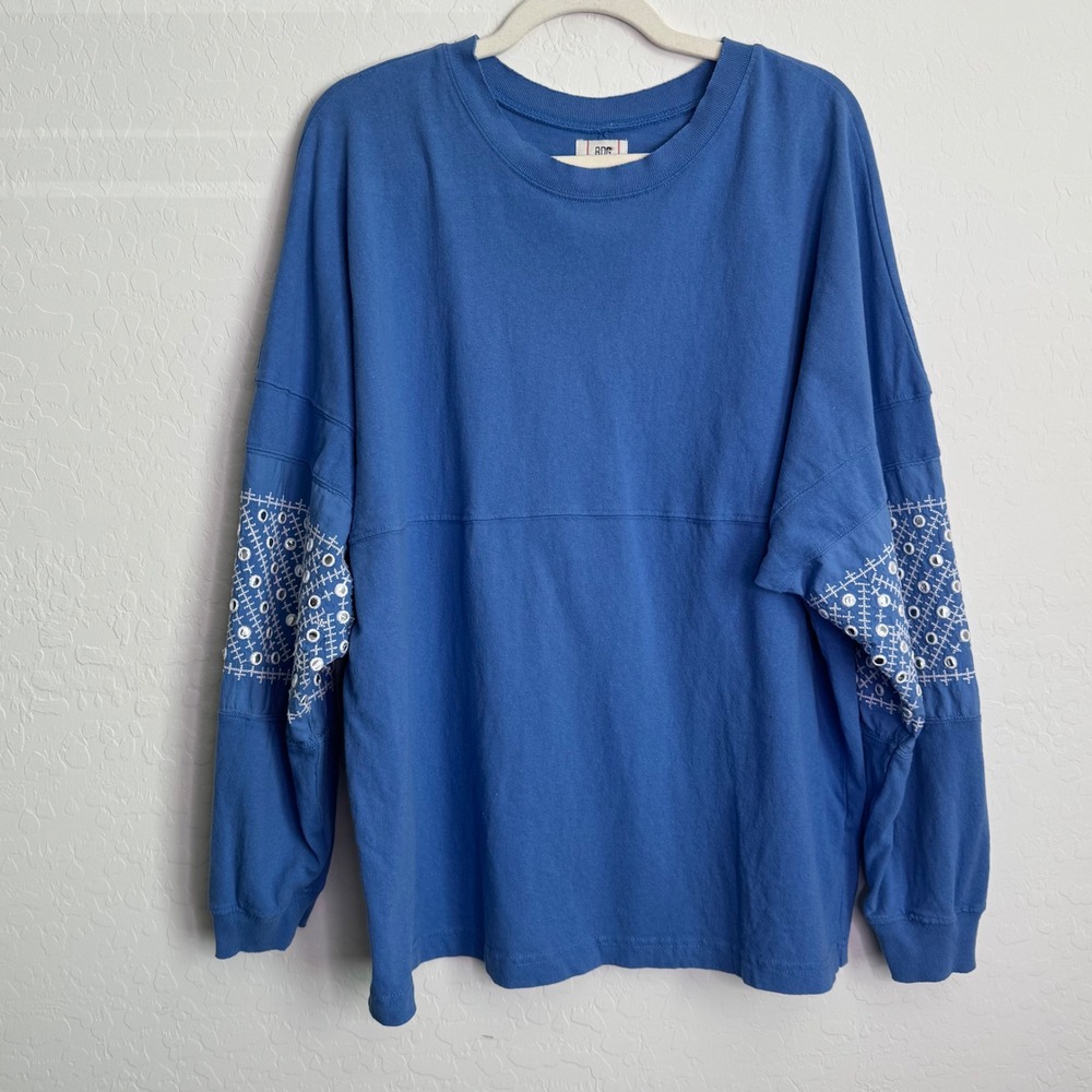 BDG Womens 100% Cotton Top Size L Blue Embroidered Eyelet Oversized Tee Boho